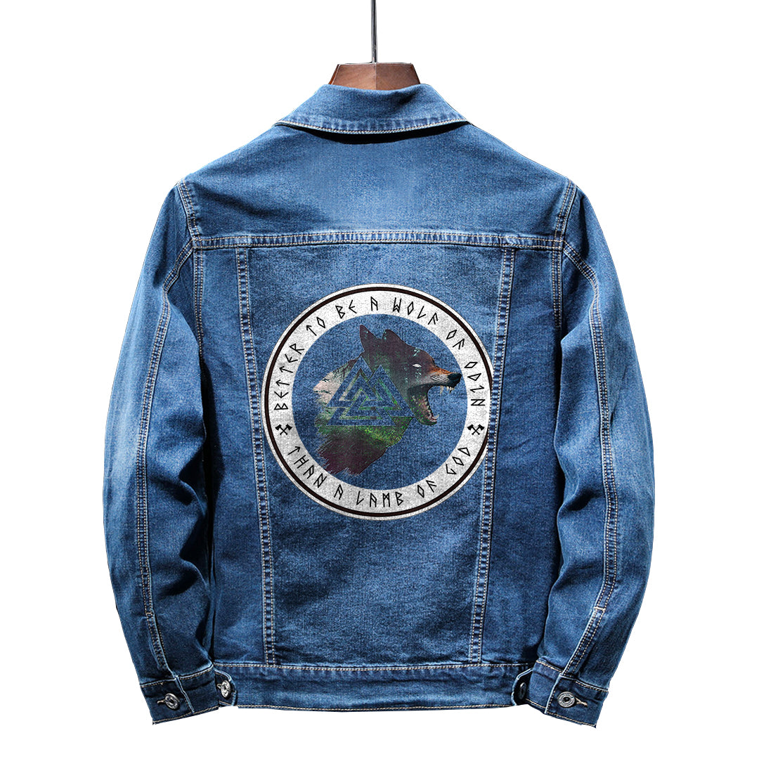 Viking Style Denim Jacket - Norse Mythology Fenrir Wolf Viking Rune Co